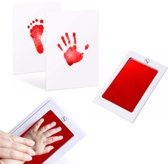JGR – Baby handafdruk - Baby voetafdruk - Rood -Set - Baby Art - Kraamcadeau - Babyshower Cadeau – Inktafdruk – Pootafdruk Hond & Kat – Inclusief beschrijving Nederlands/Engels van Merkloos