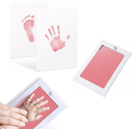 JGR – Baby handafdruk - Baby voetafdruk - roze - Set - Baby Art - Kraamcadeau - Babyshower Cadeau – Inktafdruk – Pootafdruk Hond & Kat – Inclusief beschrijving Nederlands/Engels van JGR