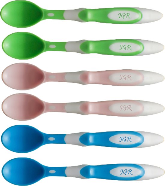 JGR Baby lepeltjes Set van 6 stuks BPA Vrij - Lepels voor Leren Eten met Bestek - Kinderbestek - Eetlepel - Bestek Lepel - Roze, Blauw en Groen van JGR Baby