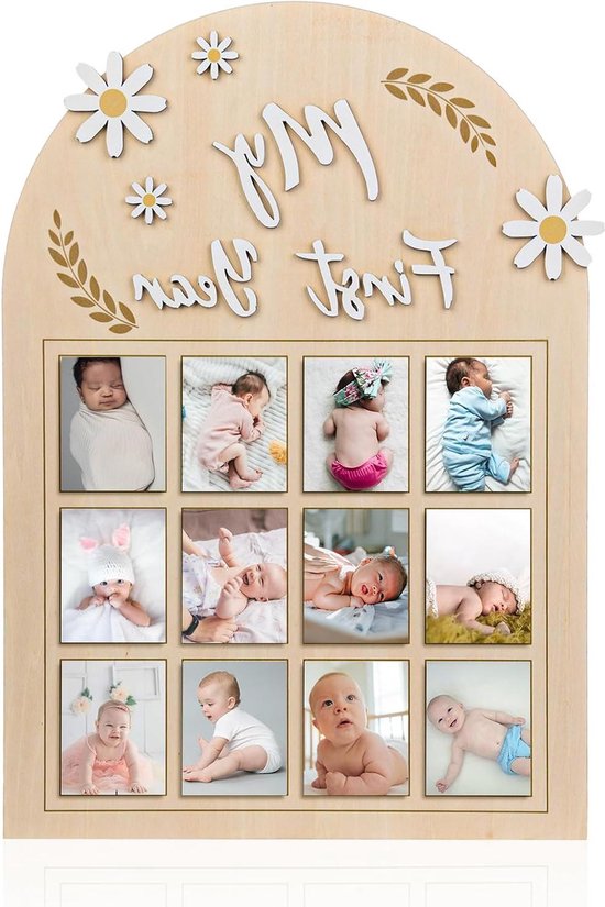 Jhubers Goods - Mijn Eerste Jaar Fotolijst- Fotodisplay - Baby - Madeliefjebloem - Maandelijks - Houten - Pasgeboren - Herinneringen - Geschikt voor Pasgeborenen - Neutrale Kleur van Merkloos