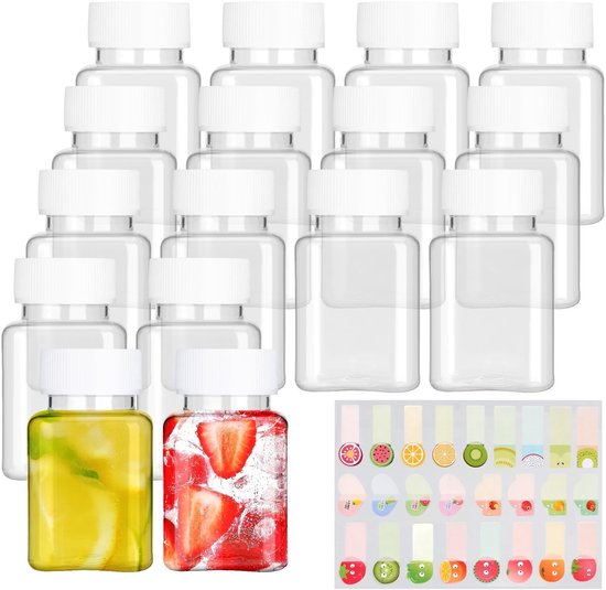 JHUBERS- Sapflessen 100 ml - Herbruikbare Drankflessen - Plastic Flessen met Afdichting - Mini-Sapflessen - Waterdichte Labelstickers - Veilig en Comfortabel Gebruik