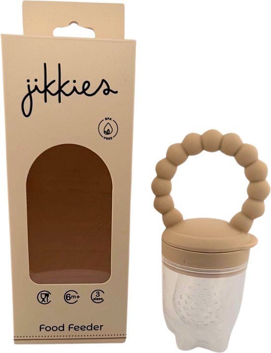 Jikkies ® - Baby Fruitspeen - Bijtring + 3 Maten Spenen S, M + L - Beige - Fruitzuiger - Fruit Fopspeen - Kinderbestek - Fruitspeen Baby - Siliconen Spenen - Babyspeen voor groenten en fruit – BPA vrij - Kraam Cadeau van Jikkies