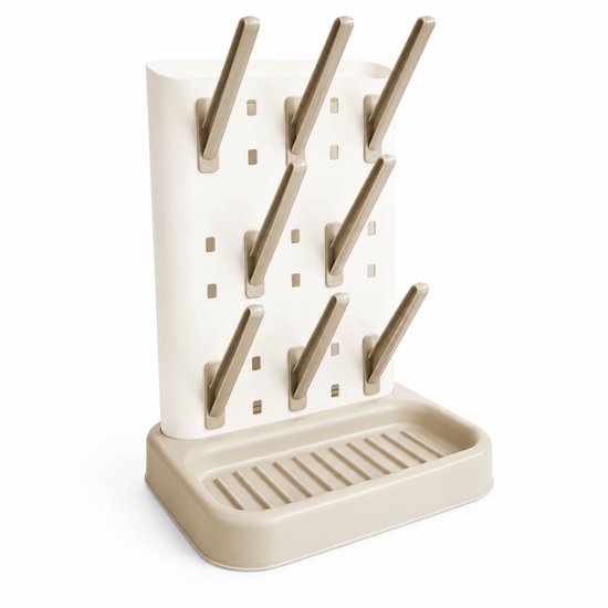 Jikkies Flessendroogrek Baby – 9 Haken met Afdruipbak & Borstelhouder – BPA-vrij & Vaatwasserbestendig - Beige Mosterd van Merkloos
