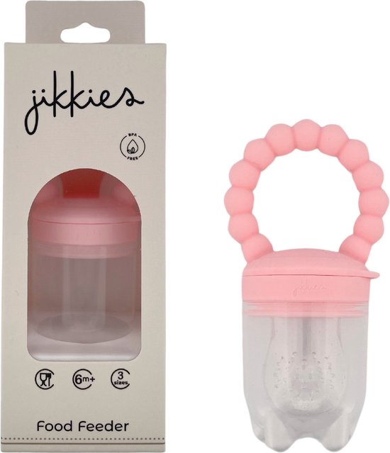 Jikkies ® - Fruitspeen - Baby Fruitspeen - Fruit Zuiger - 3 Speenmaten S + M + L - Baby Speen - Veilig - Getest op EN-norm - Fruit of Groente - Kinder Bestek - 100% Siliconen - Roze van Jikkies