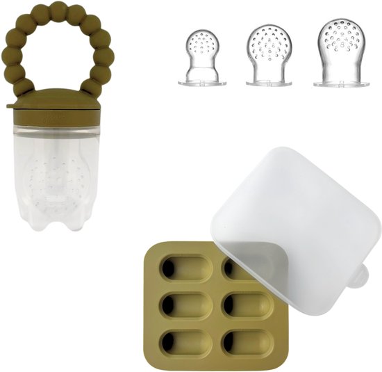 Jikkies Fruitspeen - IJsblokjes Tray – Bijtring - Kraamcadeau - BPA-vrij, 100% food-grade siliconen – 3 speenmaten S/M/L – Vriezer & vaatwasser – Helpt bij doorkomende tandjes – Bewaarbakje - Groen van Merkloos