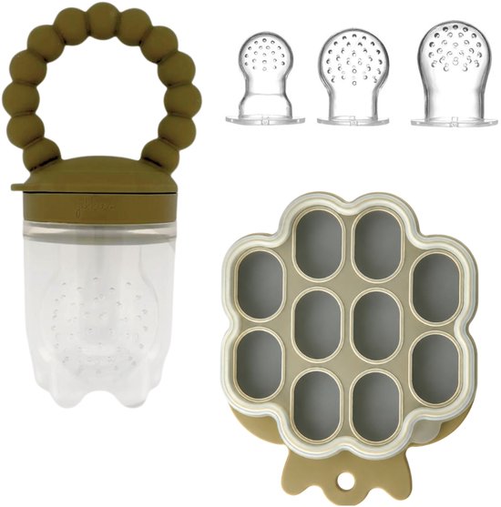 Jikkies Fruitspeen - IJsblokjes Tray - Bijtring - Kraamcadeau - BPA-vrij, 100% food-grade siliconen - 3 speenmaten S/M/L - Vriezer & vaatwasser - Helpt bij doorkomende tandjes - Bewaarbakje - Groen van Jikkies