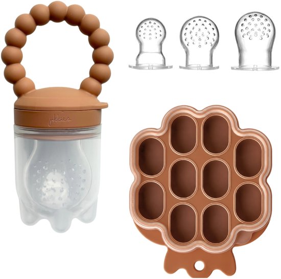 Jikkies Fruitspeen - IJsblokjes Tray – Bijtring - Kraamcadeau - BPA-vrij, 100% food-grade siliconen – 3 speenmaten S/M/L – Vriezer & vaatwasser – Helpt bij doorkomende tandjes – Bewaarbakje - Taupe