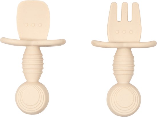 Jikkies® - Siliconen Kinderbestek Set - Baby Bestek - Lepel & Vork - Beige - Veilig - Duurzaam - Kindvriendelijk - 100% Siliconen - Vaatwasserbestendig - Magnetronbestendig - Oefenbestek - Ergonomisch Bestek van Jikkies