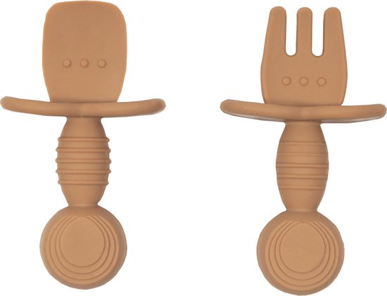 Jikkies® - Siliconen Kinderbestek Set - Baby Bestek - Lepel & Vork - Taupe - Veilig - Duurzaam - Kindvriendelijk - 100% Siliconen - Vaatwasserbestendig - Magnetronbestendig - Oefenbestek - Ergonomisch Bestek - Kraamcadeau van Jikkies