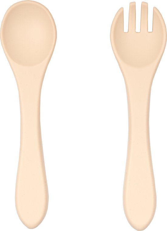 Jikkies® - Siliconen Kinderbestek Set - Peuter Bestek - Lepel & Vork - Beige- Veilig - Getest op EN-norm - Duurzaam - Kindvriendelijk - 100% Siliconen - Vaatwasserbestendig - Magnetronbestendig - Oefenbestek - Ergonomisch bestek van Jikkies