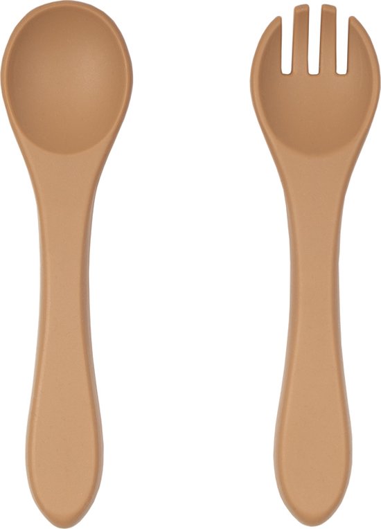 Jikkies® - Siliconen Kinderbestek Set - Peuter Bestek - Lepel & Vork - Taupe - Veilig - Getest op EN-norm - Duurzaam - Kindvriendelijk - 100% Siliconen - Vaatwasserbestendig - Magnetronbestendig - Oefenbestek - Ergonomisch bestek van Jikkies