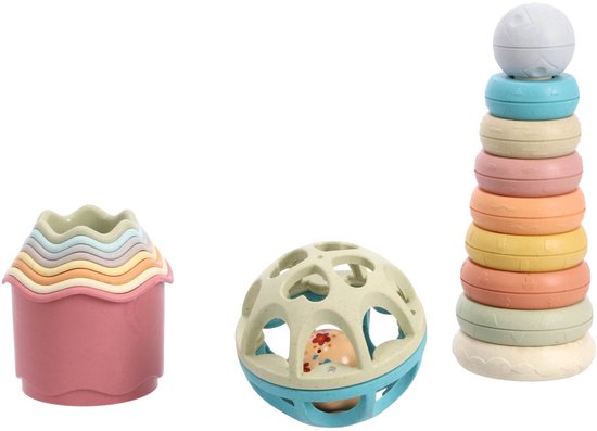 Jipy bioplastic - badspeelgoed stapeltoren, bekertjes en ratelbal - Deluxe Giftset