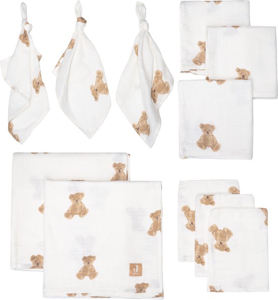 Jollein Baby Hydrofiel Starterset - Teddy Bear - 11-pack - Inclusief 2 grote hydrofiele doeken van 115x115cm