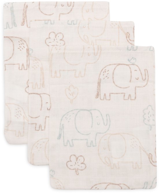 Jollein Hydrofiele Washandjes 15x20cm - Elephant Tales - Katoen - 3 Stuks van Merkloos