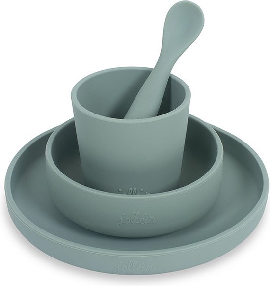 Jollein - Kinderserviesset 4-delig (Ash Green) - Siliconen - Baby Servies, Baby Bestek - 6-18 maanden van Jollein