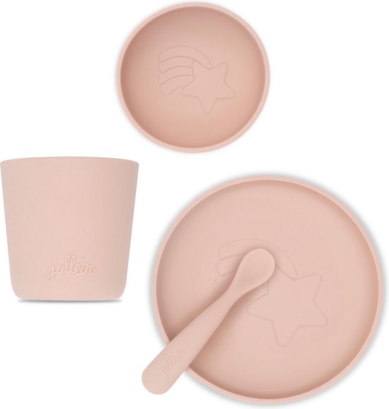 Jollein - Kinderserviesset 4-delig (Pale Pink) - Siliconen - Baby Servies, Baby Bestek - 6-18 maanden van Jollein