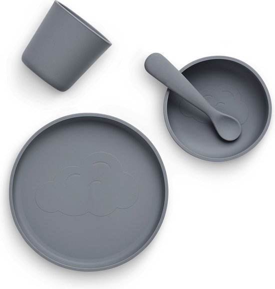 Jollein - Kinderserviesset 4-delig (Storm Grey) - Siliconen - Baby Servies, Baby Bestek - 6-18 maanden van Jollein
