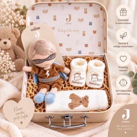 Jollein - Kraamcadeau Baby Jongen – Luxe Cadeauset in Koffertje met Knuffelpop, Babyslofjes en Hydrofiele Doek – Geboortecadeau & Babyshower
