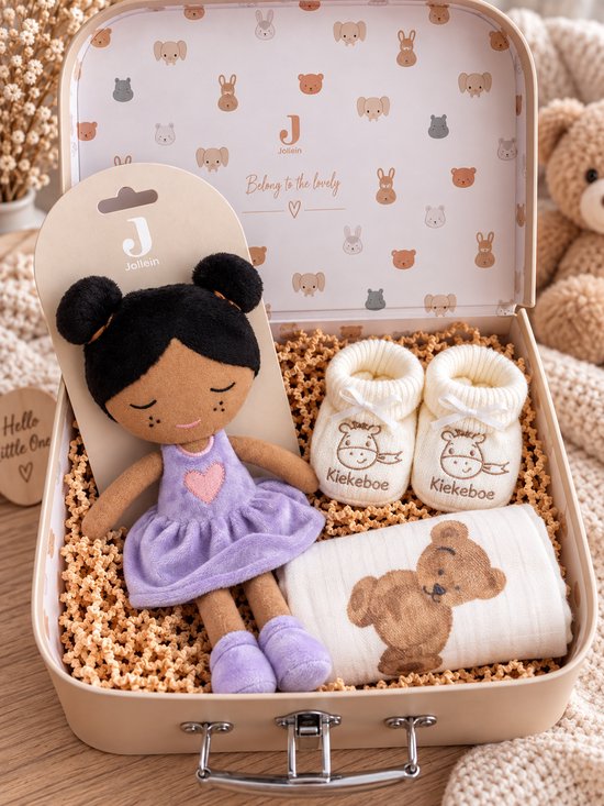Jollein - Kraamcadeau Baby Meisje – Luxe Cadeauset in Koffertje met Knuffelpop, Babyslofjes en Hydrofiele Doek – Geboortecadeau & Babyshower