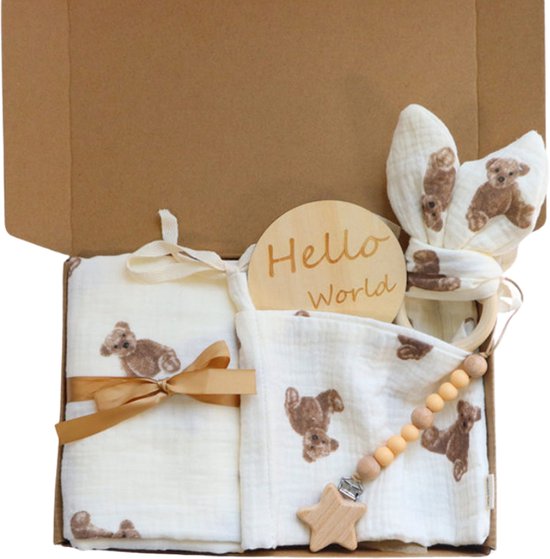 Joya Kids® Baby Cadeauset met Teddyprint | 5-delig Kraamcadeau voor Pasgeboren met Beren | Inclusief Hydrofiele Doek, Box opbergzak, Speenkoord & Bijtring | Unisex Beer Geboortegeschenk in Geschenkdoos van Merkloos