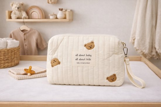 Joya Kids® Baby Toilettas | Luiertas Organizer Klein | 25x17 cm | Crèmekleurig met Teddy Beertjes | Voor Luiers, Crème, Speentjes en Babyverzorging | Unisex van Joya Kids