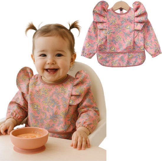 Joya Kids® Slabber Lange Mouwen Roze met Brede Opvangbak | Peuter Kliederschort met Pofmouwen | Verfschort | Schattig Baby Slabbertje Meisje / Schort | Mouwslab | Mouwslabber met Roze Bloemen | Maat S | 6 tot 12 Maanden Oud van Merkloos