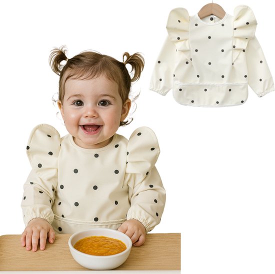 Joya Kids® Slabber Lange Mouwen Wit Zwart Gestipt met Brede Opvangbak | Peuter Kliederschort met Pofmouwen | Verfschort | Schattig Baby Slabbertje Meisje / Schort | Mouwslab | Mouwslabber met Zwarte Stippen | Maat M | 12 tot 24 Maanden Oud van Joya Kids