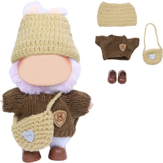 Joya Kids® Verkleedset voor Labubu Pop Bruin Gebreid Pakje met Muts, Schoudertas & Schoenen | Outfit voor 17 cm Mart Figuren | Kleding & Bescherming in Één | Pop niet inbegrepen van Joya Kids