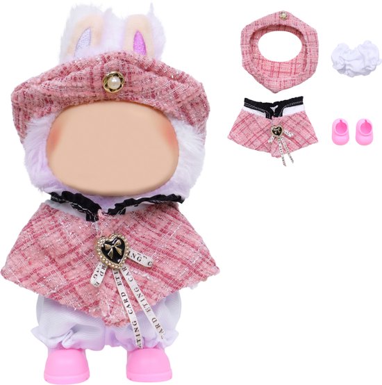 Joya Kids® Verkleedset voor Labubu Pop Roze Tweed Cape, Baret, Broekje & Schoentjes | Elegante Outfit voor 17 cm Mart Figuren | Kleding & Bescherming in Één | Pop niet inbegrepen van Joya Kids