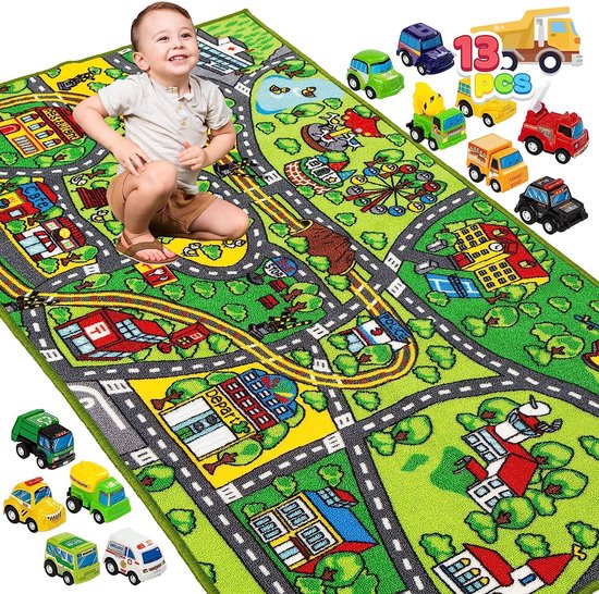 JOYIN Tapijt speelmat w/12 auto's Pull-Back Voertuig Set voor Kinderen Leeftijd 3+, Jumbo Speelkamer Tapijt, City Pretend Play van Joy