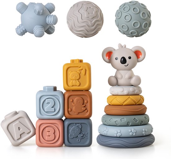 Joymaxx Baby Speelgoed 3-in-1 Sensorische Ballen, Stapelblokken Stapelringen Koala - BPA-vrij- Sensorisch Speelgoed 6 maanden - Montessori Speelgoed 12 maanden- Baby Speelgoed 1 jaar 18 maanden -Peuterspeelgoed 2 jaar van Joymaxx