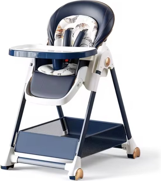 J&R Kinderstoel - Babystoel - Baby stoel - Baby eetstoel - babystoel voor aan tafel - Met wieltjes - Kantelbaar - Opvouwbaar - PU Leer - Blauw van J&R