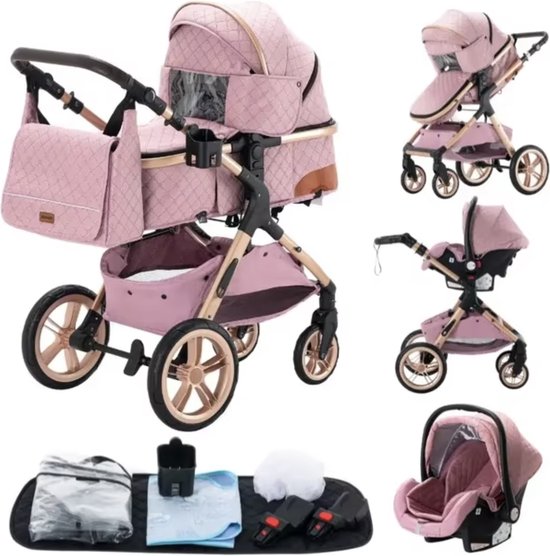 J&R Kinderwagen 3 in 1 - Kinderwagen - Bedje - Buggy - Autostoel - Opvouwbaar - Aluminium frame - Roze - Goud - Zwart van J&R