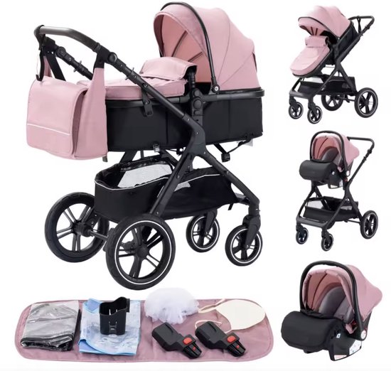 J&R Kinderwagen 3 in 1 - Kinderwagen - Bedje - Buggy - Autostoel - Opvouwbaar - Aluminium frame - Roze - Zwart