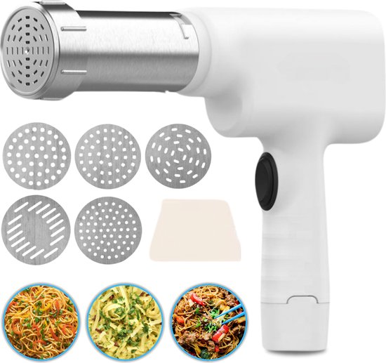 JT Products Elektrische Pastamachine Gun - Pasta Maker Pistool - Zelf Verse Pasta Maken - Pasta Snijder - Keukenmachine - Draagbare Pastamaker voor Thuis - Noedels - Noodle Machine - Wit - Oplaadbaar - 5 Verschillende Pastasoorten - Roestvrij Staal van JT Products