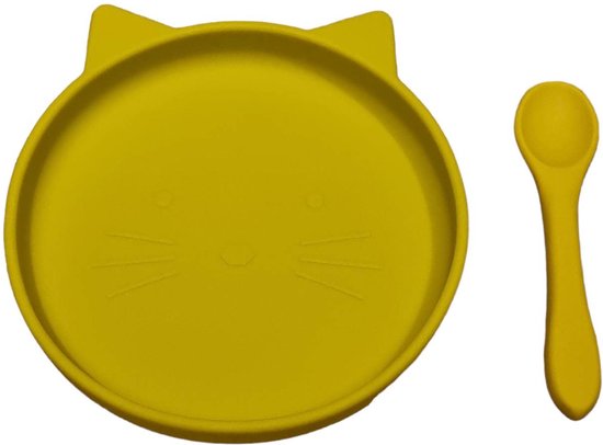JU&MP Bord Zuignap Poes met Babylepel - Baby - Kinderservies - Kinderbord - Onbreekbaar - Mango van JU&MP