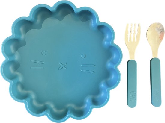 JU&MP Kinderbord Zonnetje met Zuignap en Bestekset - Baby - Kinderservies - Baby Bestek - RVS - Blauw van JU&MP
