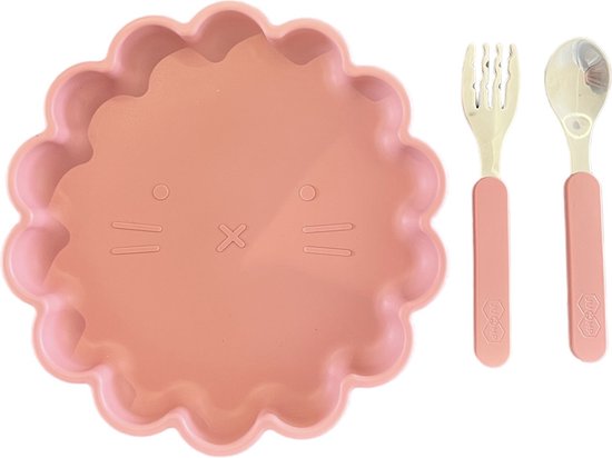 JU&MP Kinderbord Zonnetje met Zuignap en Bestekset - Baby - Kinderservies - Baby Bestek - RVS - Roze van JU&MP