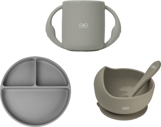 JU&MP Kinderserviesset - Baby - Kinderbordje met Zuignap - Kommetje met Lepel - Oefenbeker - Kraamcadeau - Grijs van JU&MP