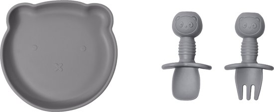 JU&MP Kinderserviesset Beer - Baby - Kinderbordje met Zuignap - Kinderbestek - Kraamcadeau - Grijs van JU&MP