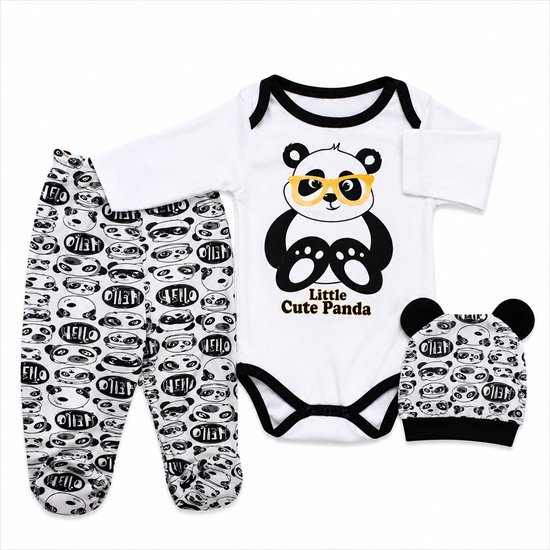 Jungengel Baby Kledingset 3-delig Panda - Romper Broekje met Voetjes Muts met Oortjes - 100% Katoen Zwart Wit - Maat 56 (0-3 Maanden) Newborn - Eerste Babykleding Unisex - Kraamcadeau Babyshower Geboorte