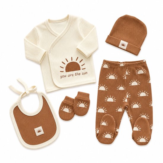 Jungengel Baby Newborn Kledingset 5-delig - Eerste Babykleding Set 0-3 Maanden - Trui Broekje met Voetjes Muts Slabbetje Wantjes - Zon Motief Ribstof Bruin Beige Katoen Unisex - Kraamcadeau Babyshower Geboorte