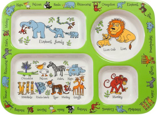 Jungle Dieren kinder melamine servies (vakjesbord MET LEPEL) - Tyrrell Katz van Jung