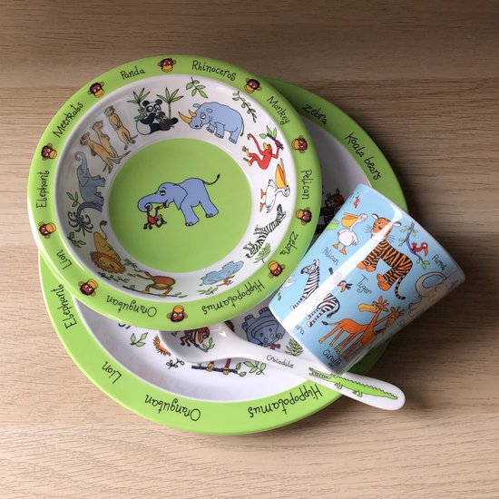 Jungle dieren kinder servies set melamine (bord + kom + bekertje + lepel) - Tyrrell Katz van Jung