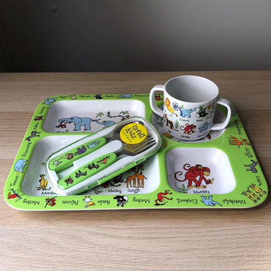 Jungle dieren kinder servies set melamine (vakjesbord + trainingsbeker + bestek) - Tyrrell Katz van Jung