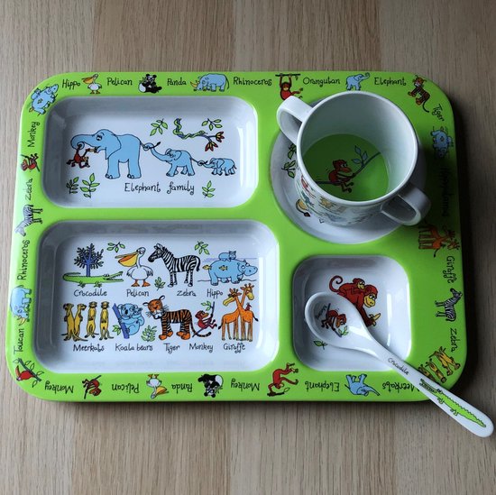 Jungle dieren kinder servies set melamine (vakjesbord + trainingsbeker + lepel) - Tyrrell Katz van Jung