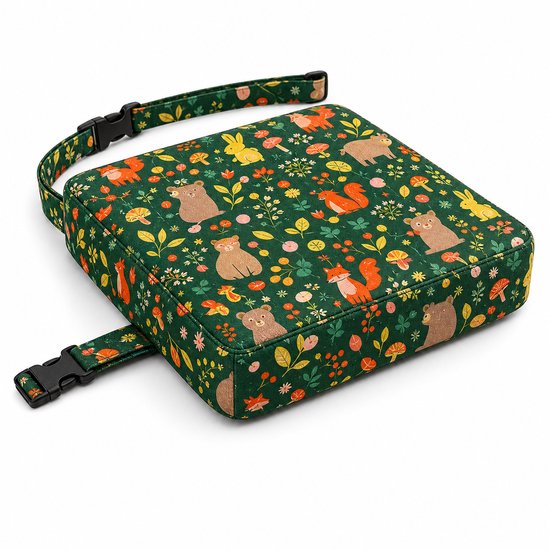 JustValue stoelverhoger kind - Groene dierenprint - 32 x 32 x 9 cm - Zitverhoger eetkamerstoel met 2 riemen