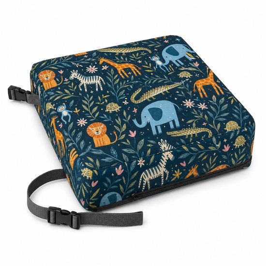 JustValue stoelverhoger kind - Jungleprint - 32 x 32 x 8 cm - Zitverhoger eetkamerstoel met 2 riemen