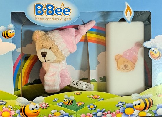 kaars-met-knuffel-pakket-roze-babyshower-geboorte-cadeau van Merkloos
