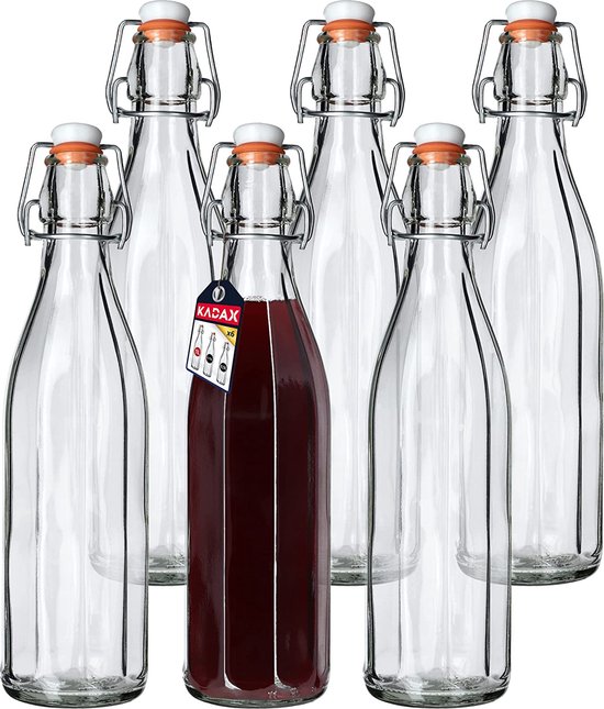 KADAX Universele fles met beugelsluiting, dichte beugelfles, vintage glazen fles, drinkfles, likeurfles, sapfles, beugelsluitfles (1000 ml, 6 stuks) van Merkloos